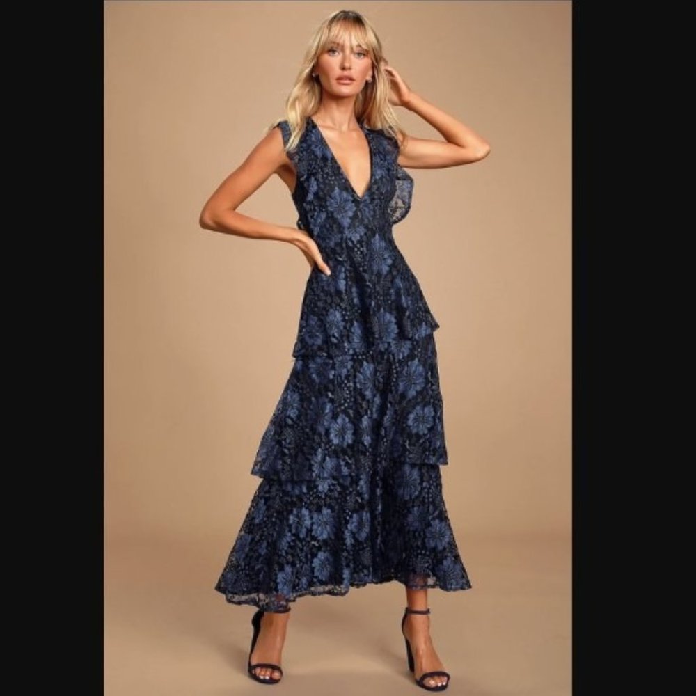 Lulu's Navy Blue Lace Ruffled Tiered Sleeveless Maxi Dress